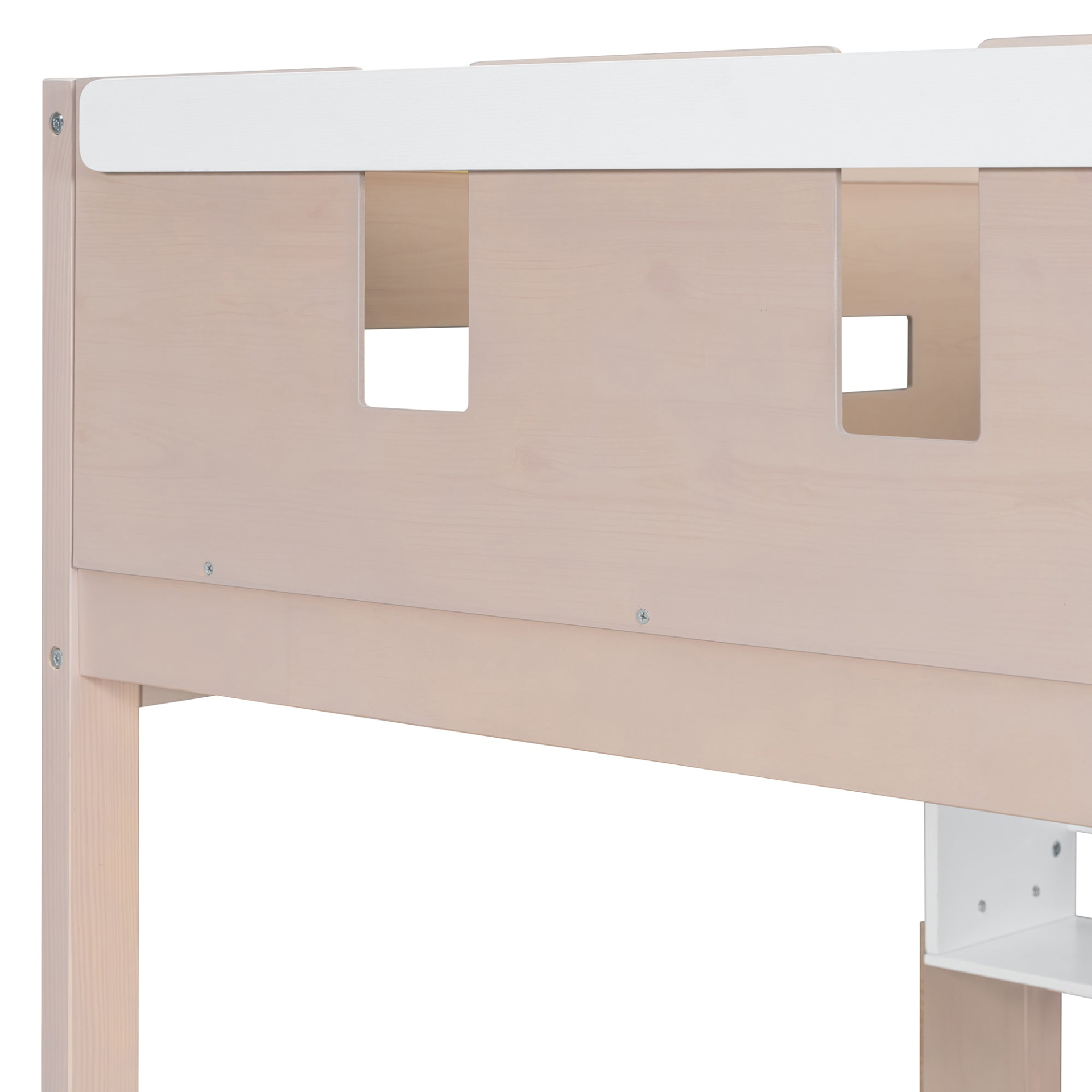 White and antique pink solid wood bunk bed with drawers and shelves, ideal for bedroom or guest room, by Start2Finish