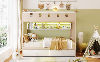 Start2Finish twin white and antique pink solid wood bunk bed with drawers and shelves, ideal for bedroom or guest room.