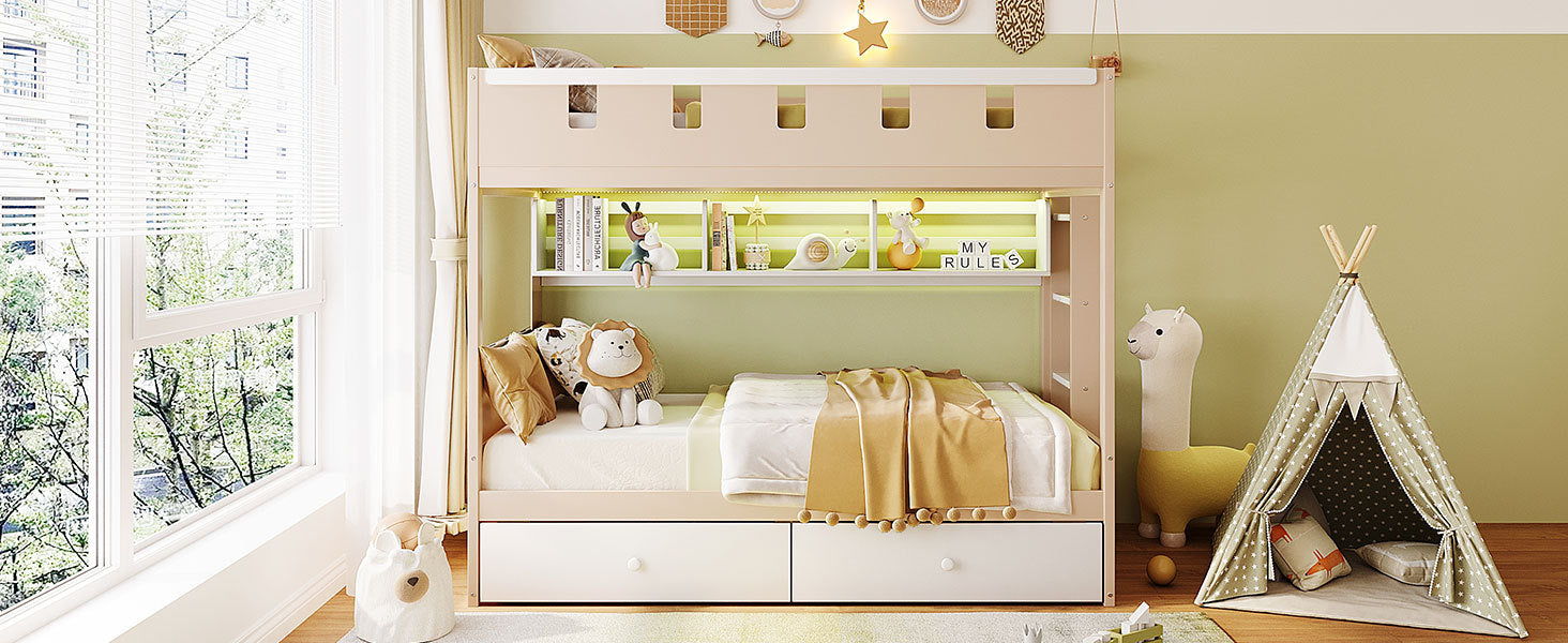 Start2Finish twin white and antique pink bunk bed with solid wood construction, drawers, and shelves for bedroom or guest room.