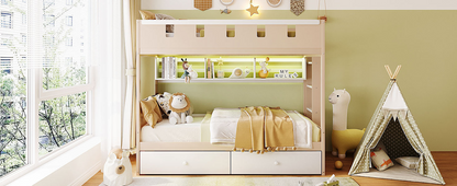 Start2Finish twin white and antique pink bunk bed with solid wood construction, drawers, and shelves for bedroom or guest room.
