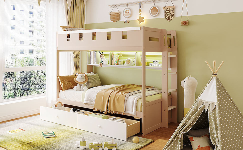 Start2Finish white and antique pink twin bunk bed in solid wood with drawers and shelves for bedroom or guest room.