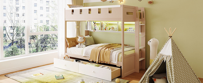 White and antique pink solid wood bunk bed with drawers and shelves, ideal for bedroom or guest room by Start2Finish.