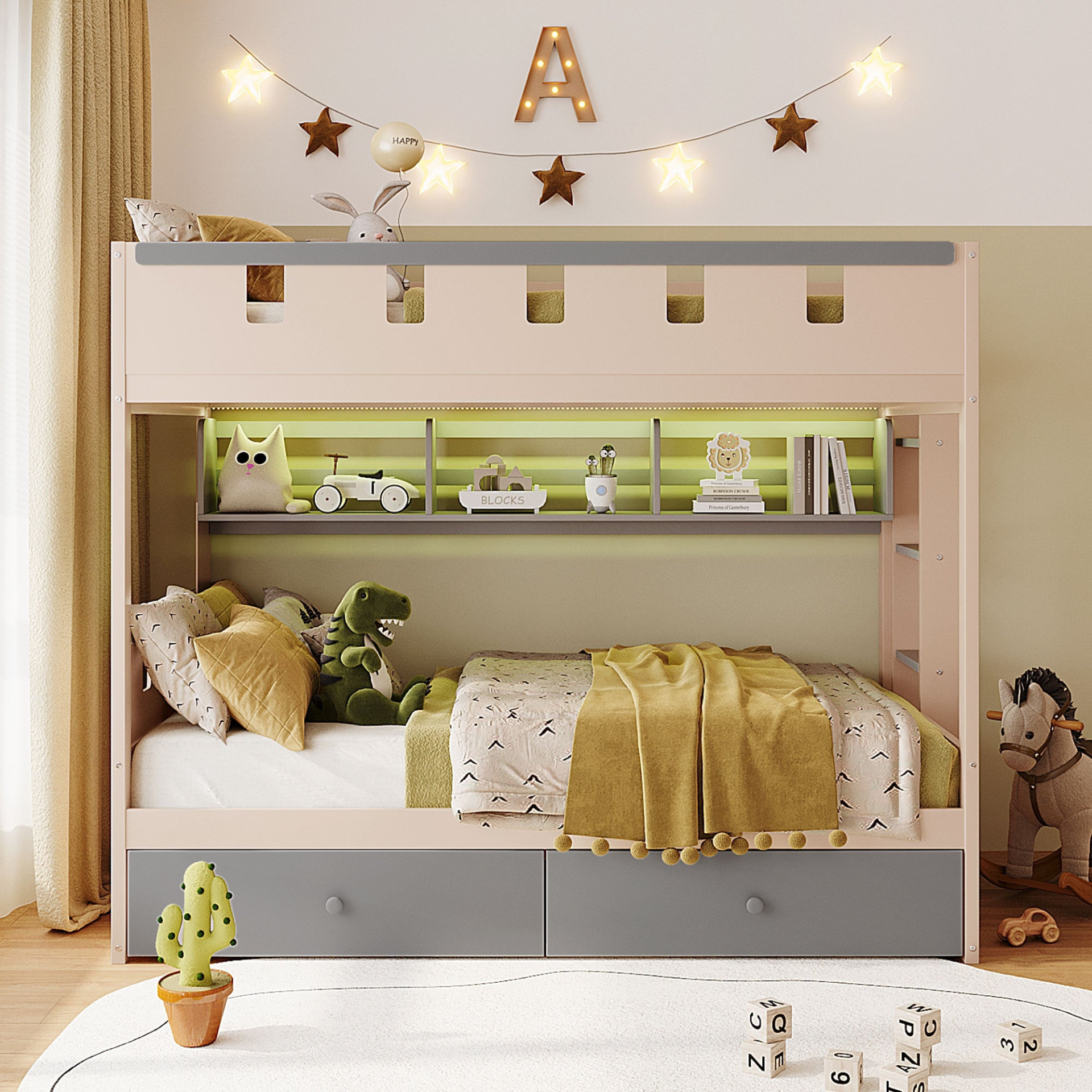 White and antique pink solid wood bunk bed with drawers and shelves, ideal for bedroom or guest room by Start2Finish