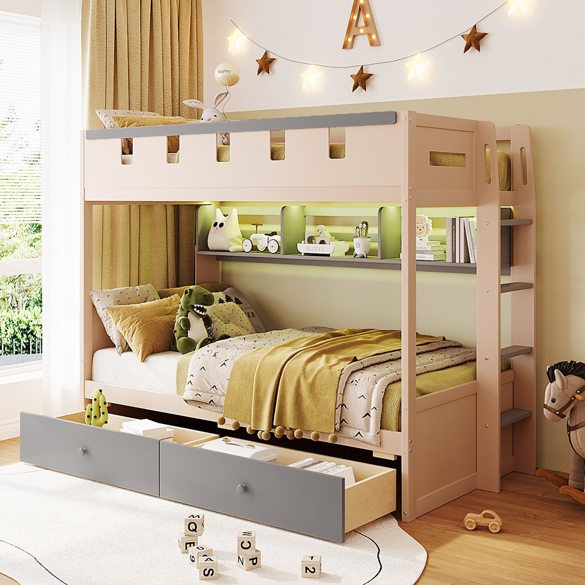 White and antique pink solid wood bunk bed with drawers and shelves, ideal for bedroom or guest room, by Start2Finish.