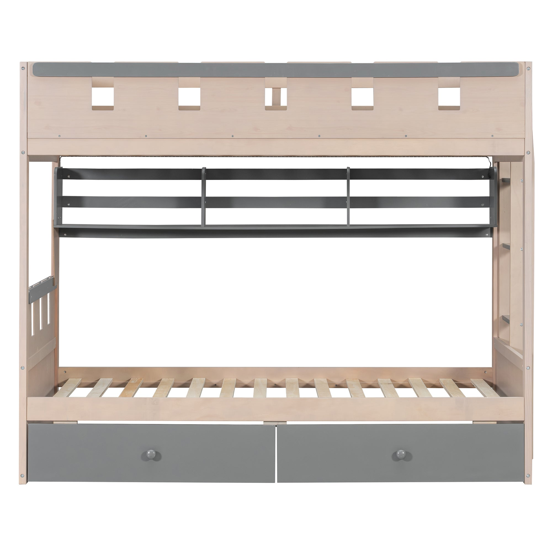Start2Finish twin white and antique pink solid wood bunk bed with built-in drawers and shelves for bedroom or guest room.