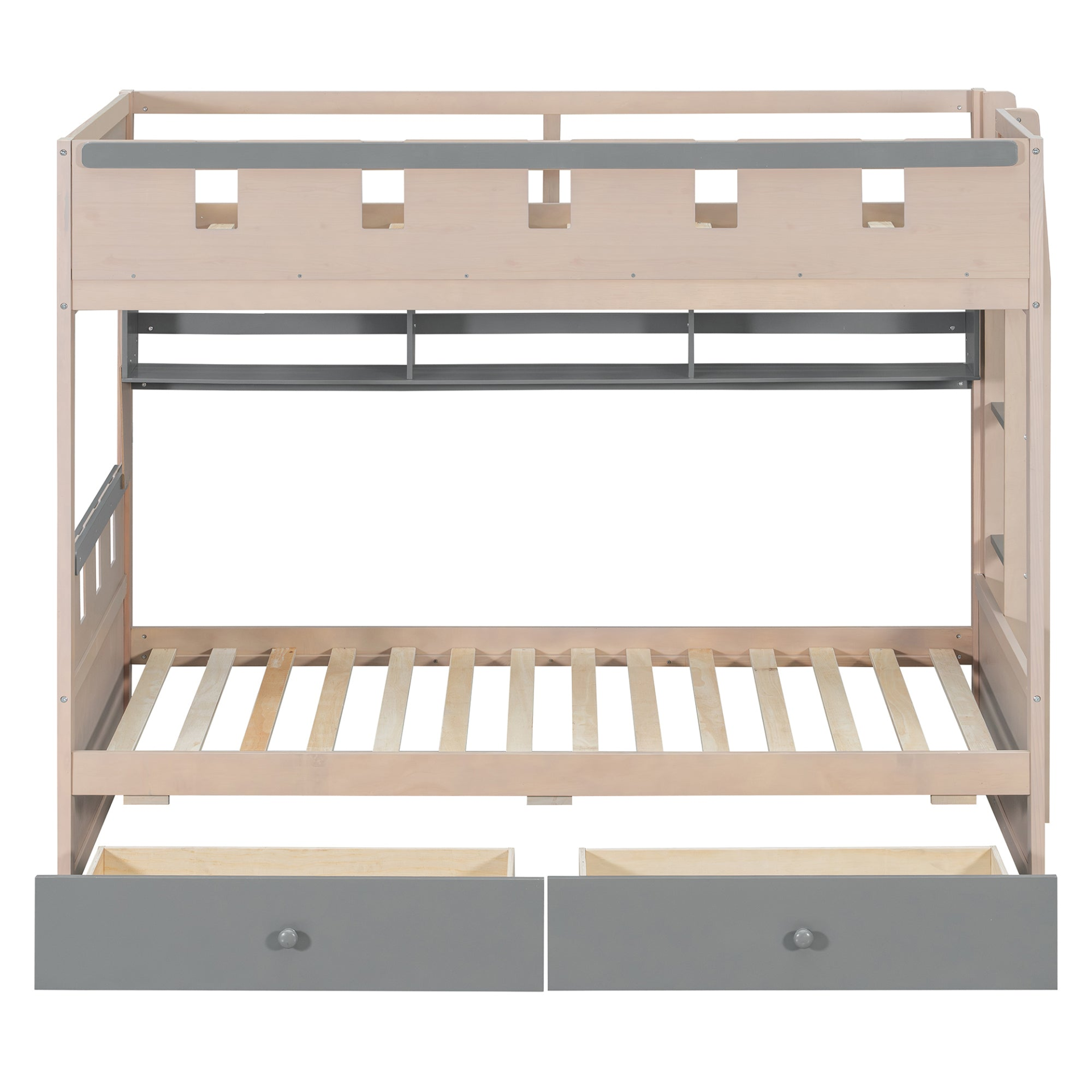 White and antique pink twin bunk bed made of solid wood with built-in drawers and shelves, ideal for bedroom or guest room.