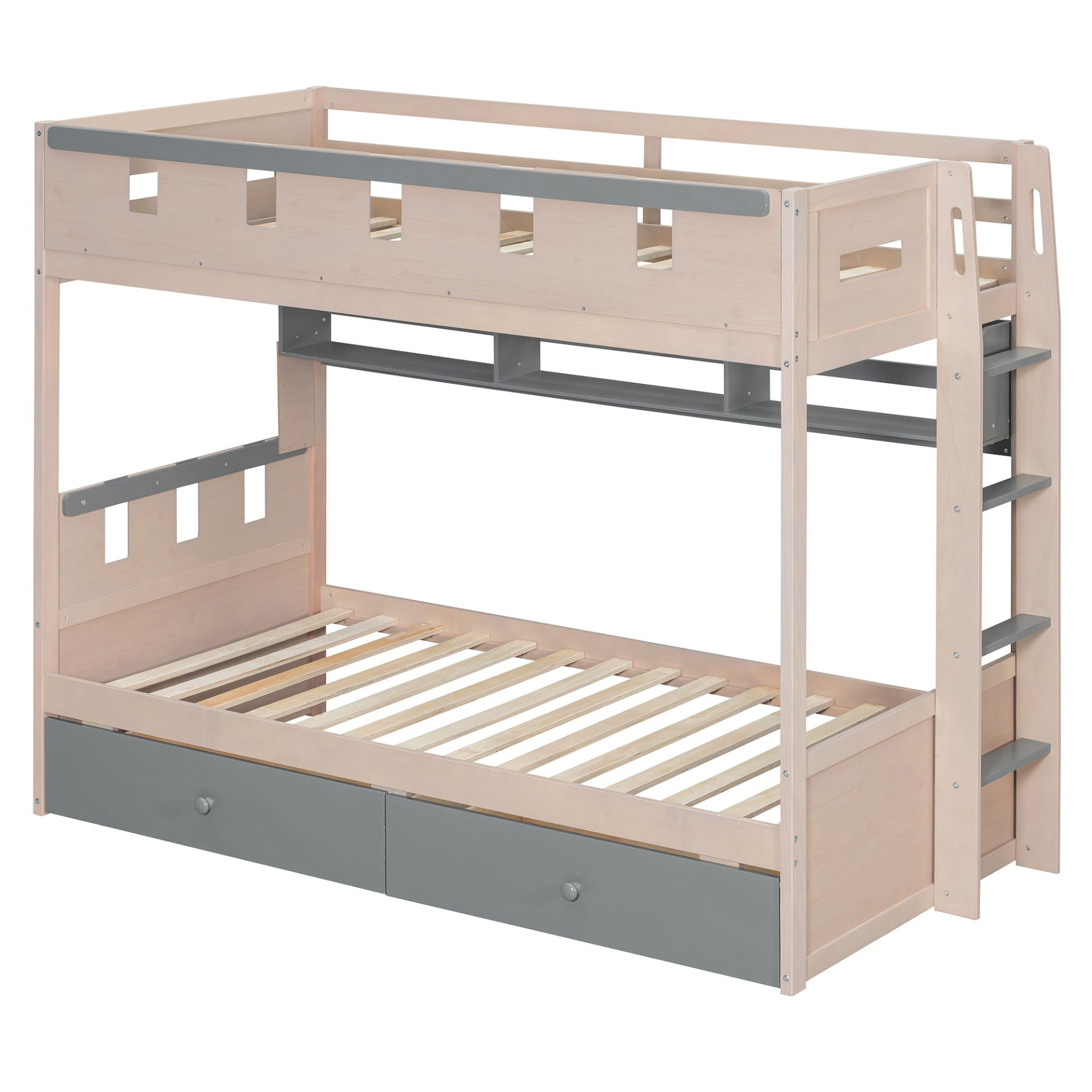 White and antique pink solid wood bunk bed with drawers and shelves from Start2Finish, designed for bedroom and guest room.