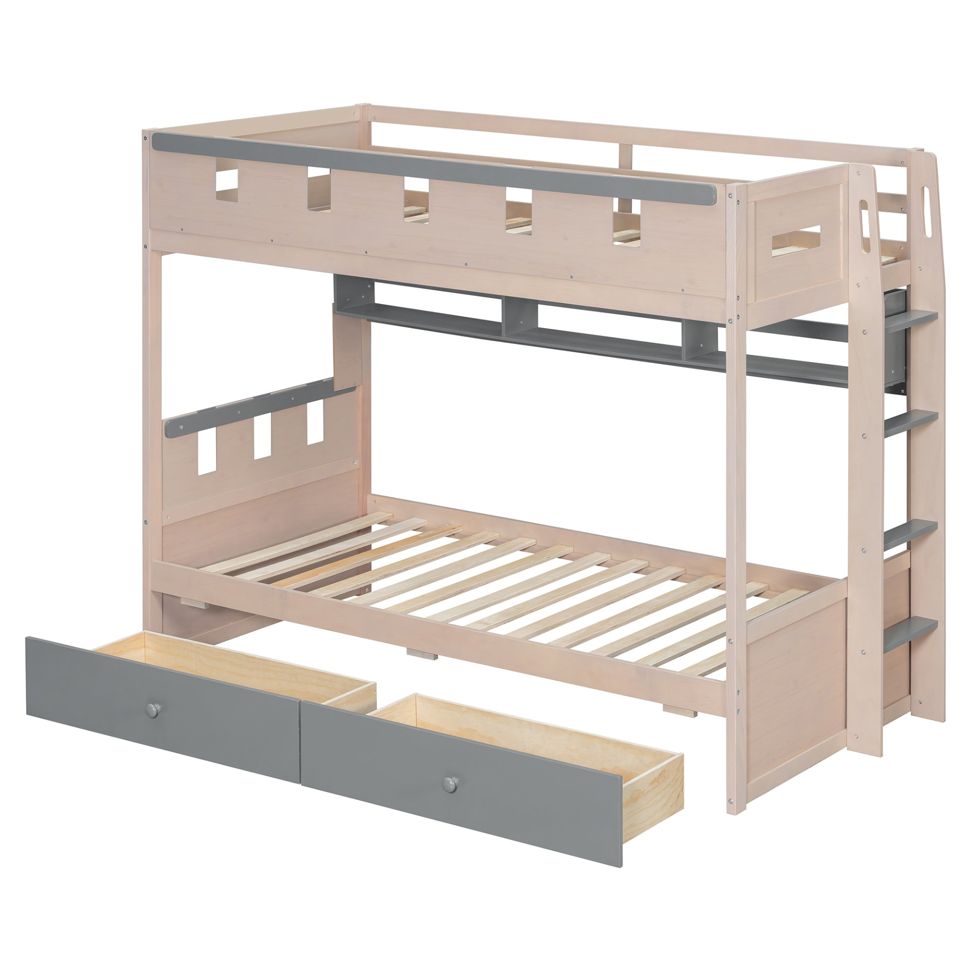 White and antique pink twin bunk bed in solid wood with built-in drawers and shelves, perfect for bedroom or guest room.