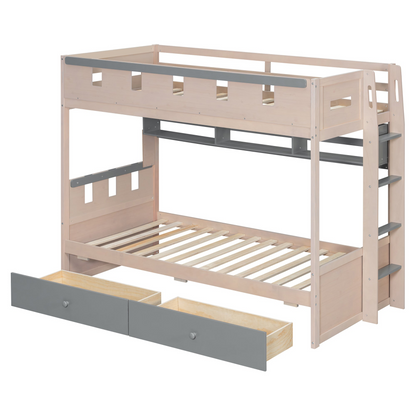 White and antique pink twin bunk bed in solid wood with built-in drawers and shelves, perfect for bedroom or guest room.