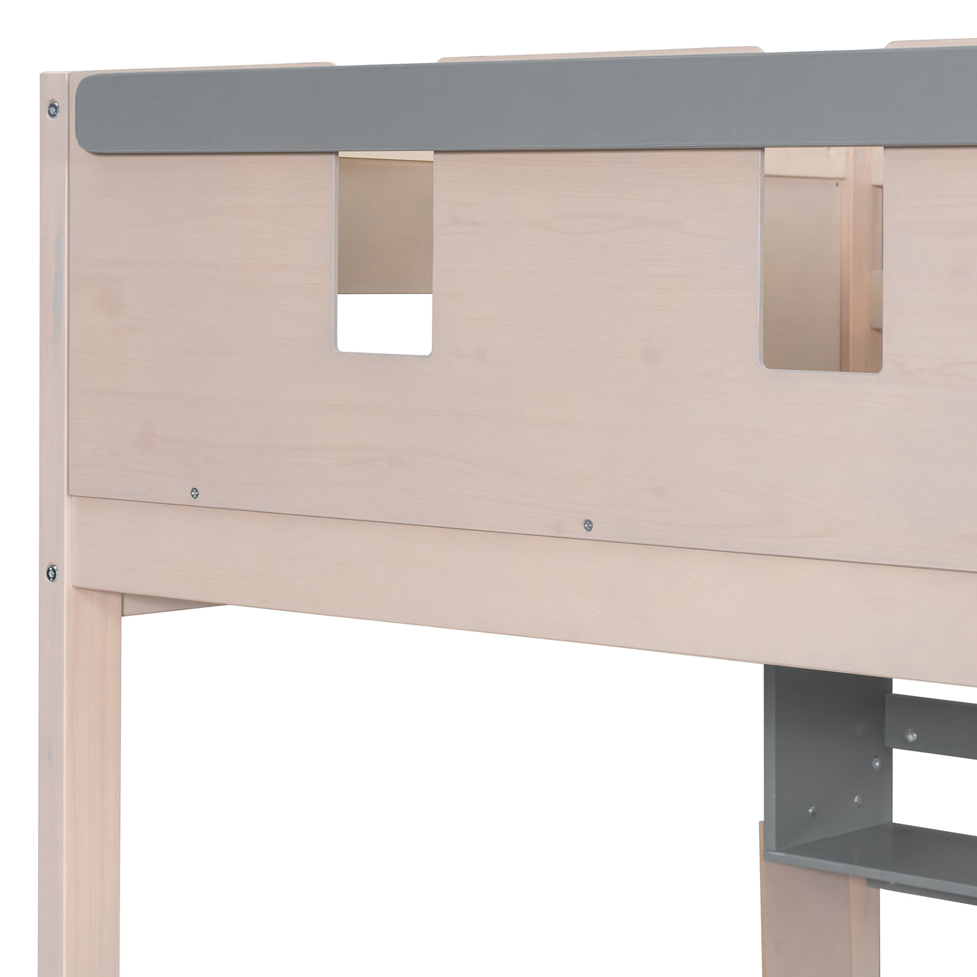 White and antique pink solid wood bunk bed with drawers and shelves, ideal for bedroom and guest room use.