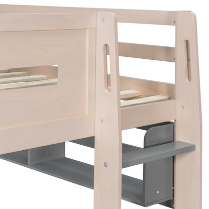 Start2Finish bunk bed twin in white and antique pink solid wood with built-in drawers and shelves for bedroom or guest room.