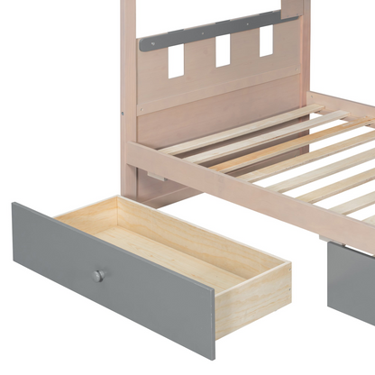 Start2Finish white and antique pink twin bunk bed in solid wood with drawers and shelves for bedroom or guest room.