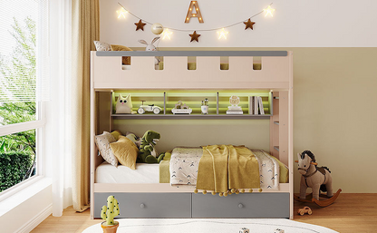 White and antique pink solid wood bunk bed with drawers and shelves, ideal for bedrooms and guest rooms by Start2Finish