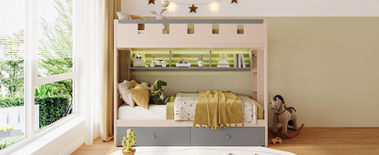 Start2Finish white and antique pink twin bunk bed with solid wood construction, drawers, and shelves for bedroom and guest room.