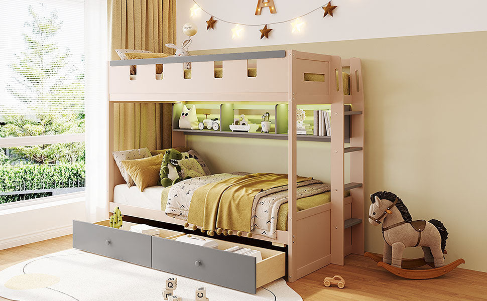 White and antique pink solid wood bunk bed with drawers and shelves, ideal for bedroom or guest room, by Start2Finish.