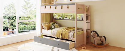 White and antique pink solid wood twin bunk bed with drawers and shelves from Start2Finish, ideal for bedroom or guest room.