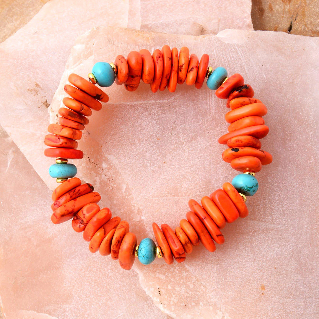 Start2Finish Taos Fiery Orange Jasper and Cool Blue Magnesite stretch bracelet, vibrant jewelry with colorful gemstone beads.