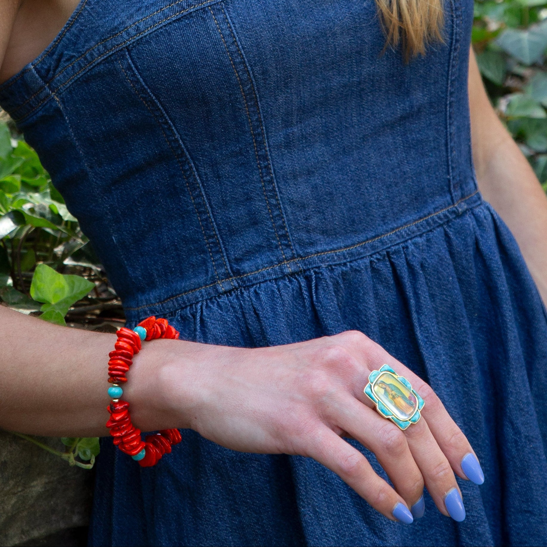 Start2Finish Taos Fiery Orange Jasper and cool blue magnesite stretch bracelet showcasing vibrant orange and blue gemstone beads.