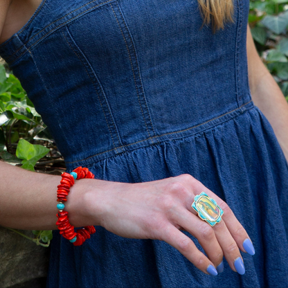 Start2Finish Taos Fiery Orange Jasper and cool blue magnesite stretch bracelet showcasing vibrant orange and blue gemstone beads.