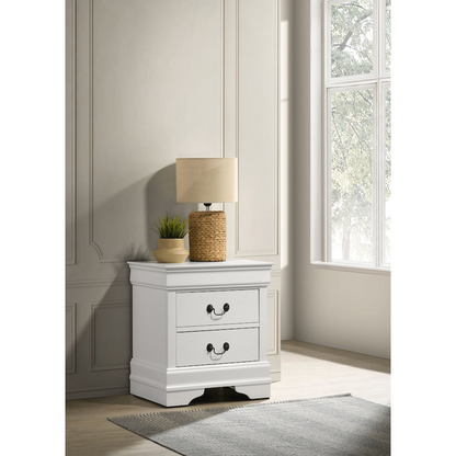 Louis Philippe white 2-drawer nightstand bedside table from Start2Finish, showing sleek wood finish and modern design