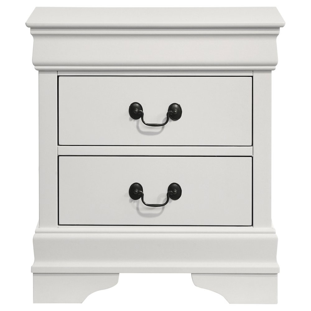 White Louis Philippe 2-drawer nightstand with sleek design and modern finish, ideal as a bedside table for bedroom decor.