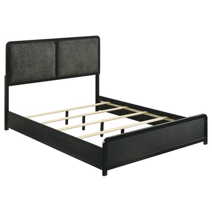 Start2Finish Cavelle 51-inch black upholstered queen bed with padded headboard and sleek fabric finish.