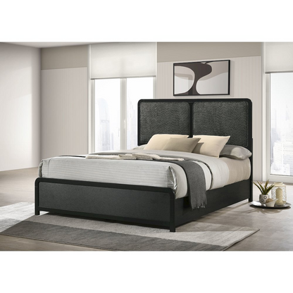 Start2Finish Cavelle 51-inch upholstered queen bed in black with padded headboard and sleek fabric upholstery.