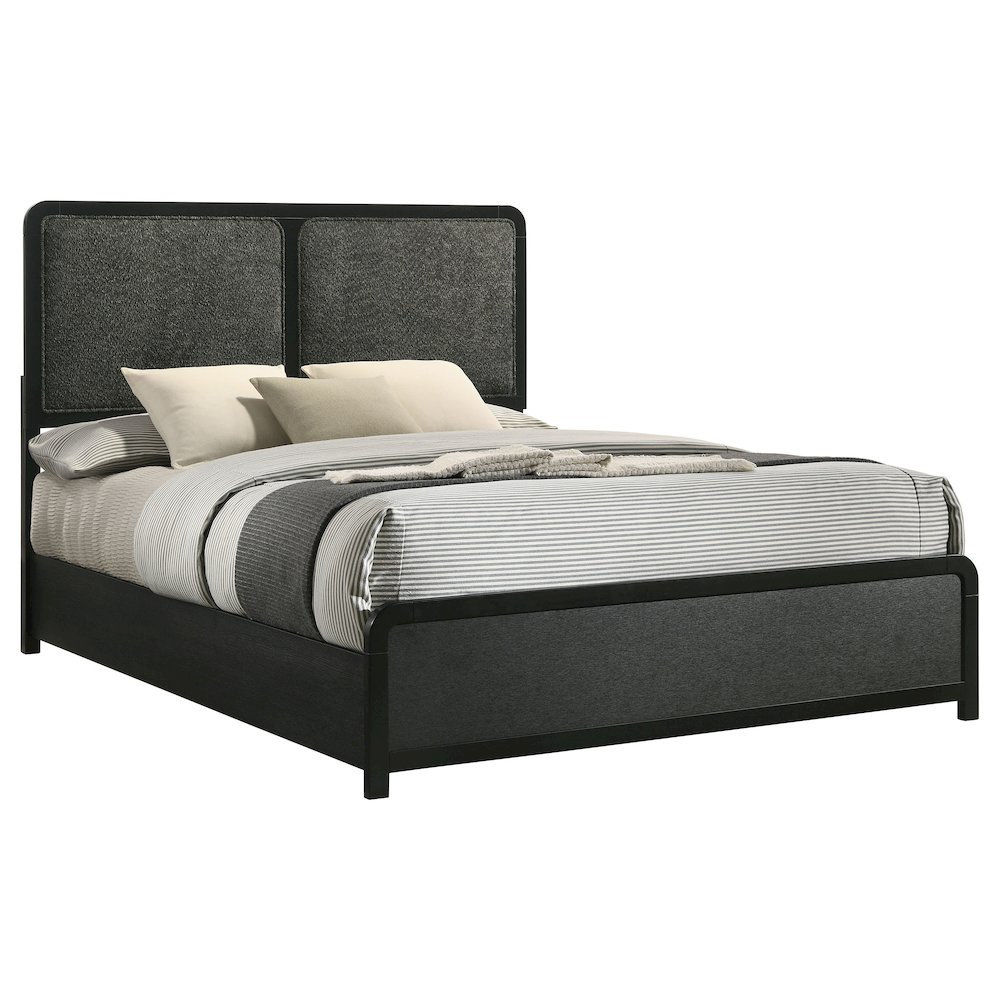 Start2Finish Cavelle 51-inch upholstered black queen bed with cushioned headboard and sleek fabric upholstery.