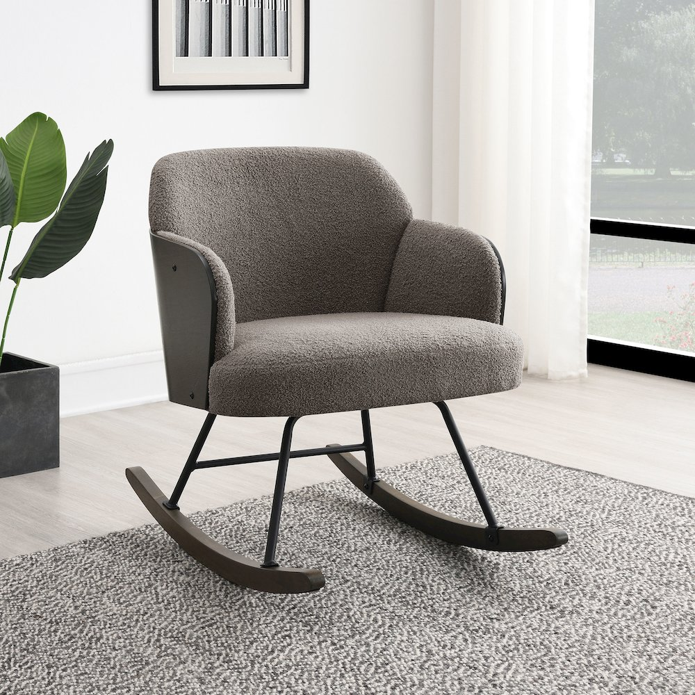 Taupe Paige Boucle Upholstered Mid Back Rocking Chair with wooden base and curved armrests, designed for comfortable seating.