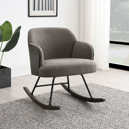 Taupe Paige Boucle Upholstered Mid Back Rocking Chair with wooden base and curved armrests, designed for comfortable seating.