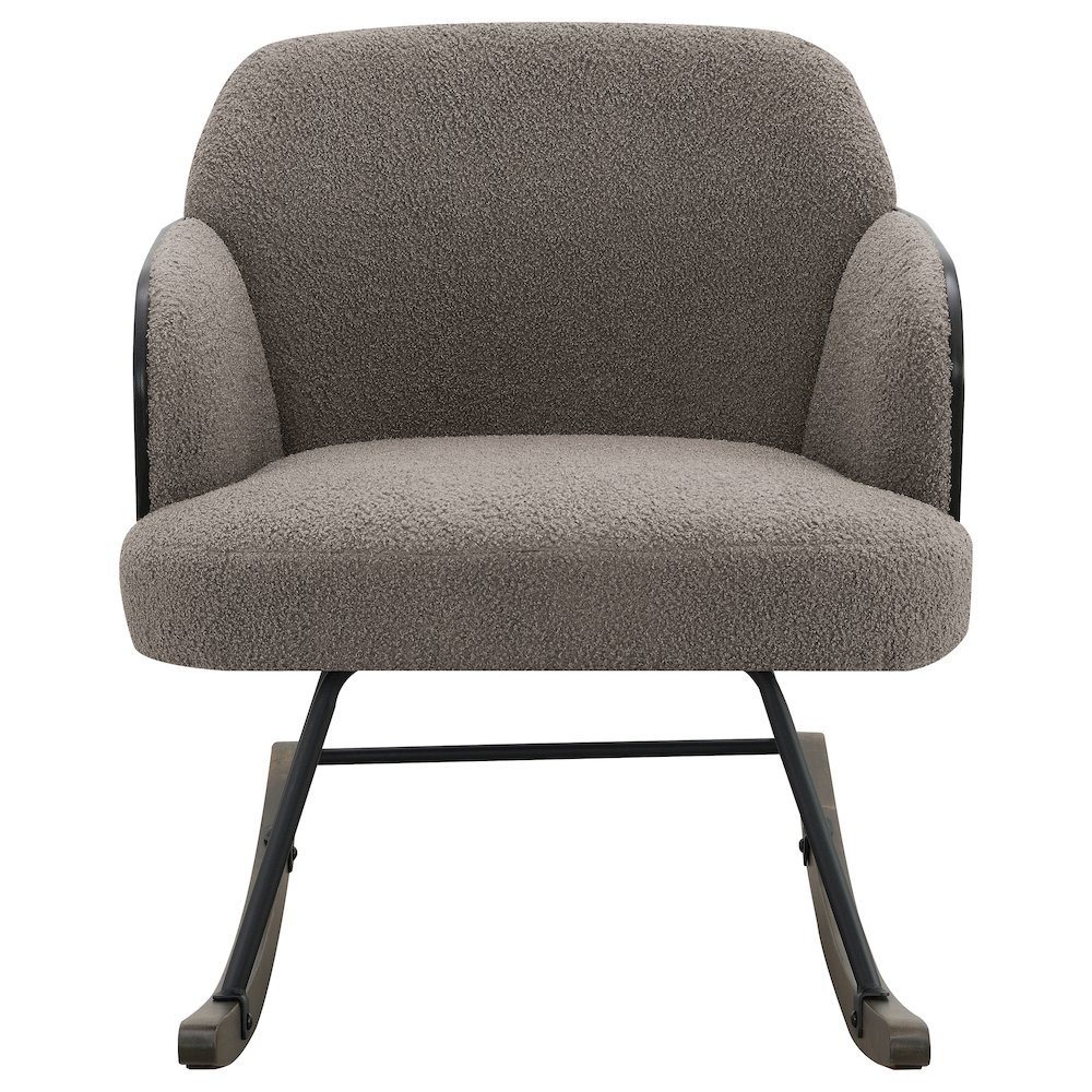 Start2Finish Paige Boucle upholstered mid-back rocking chair in taupe with plush fabric and wooden rocking legs.