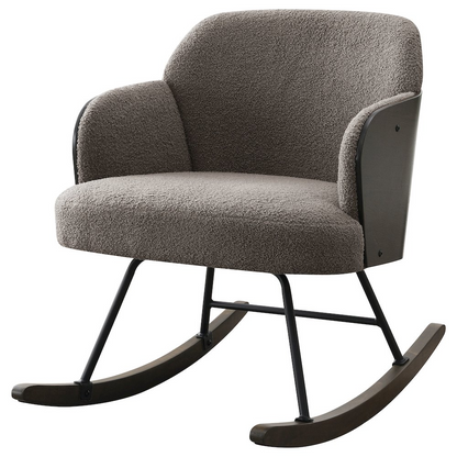 Taupe Paige Boucle Upholstered Mid Back Rocking Chair by Start2Finish with wooden rocking base and plush boucle fabric.