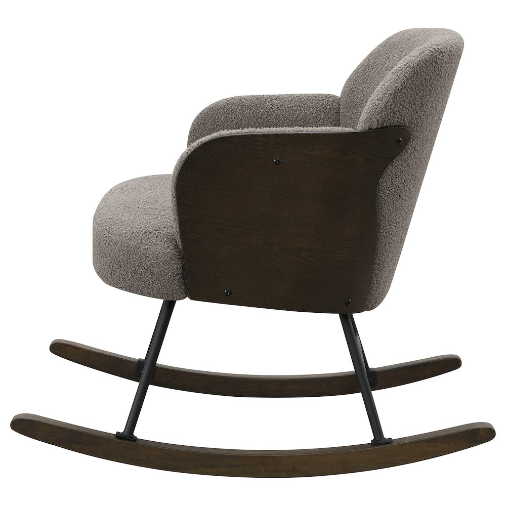 Taupe Paige Boucle upholstered mid-back rocking chair with wooden legs and plush fabric, ideal for cozy living spaces.