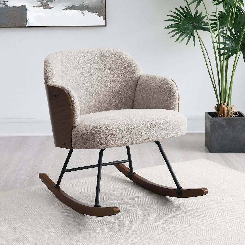Beige Paige Boucle upholstered mid-back rocking chair by Start2Finish with cushioned seat and wooden rocking base.