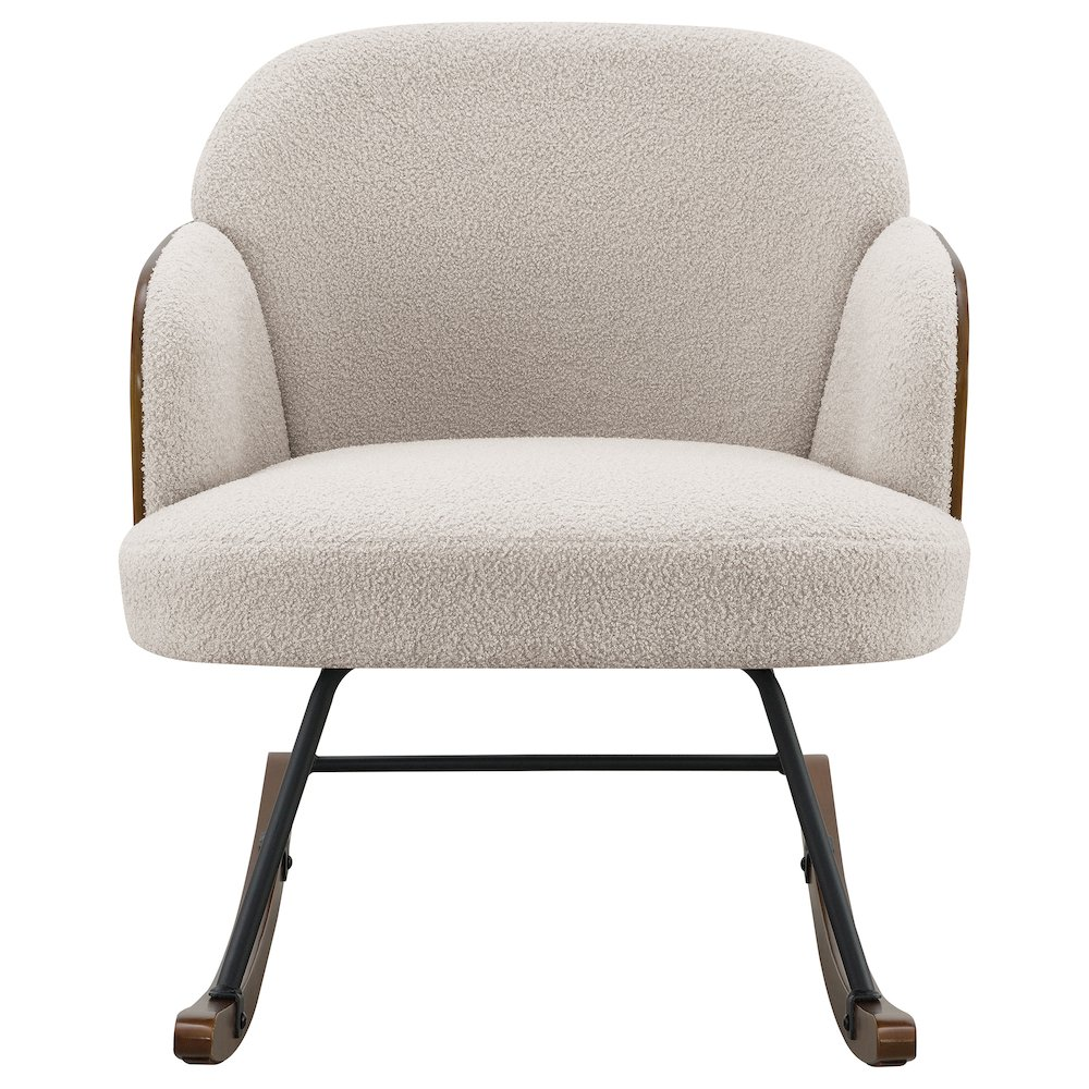Beige Paige Boucle upholstered mid-back rocking chair by Start2Finish with wooden rockers and plush fabric upholstery.