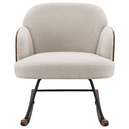 Beige Paige Boucle upholstered mid-back rocking chair by Start2Finish with wooden rockers and plush fabric upholstery.