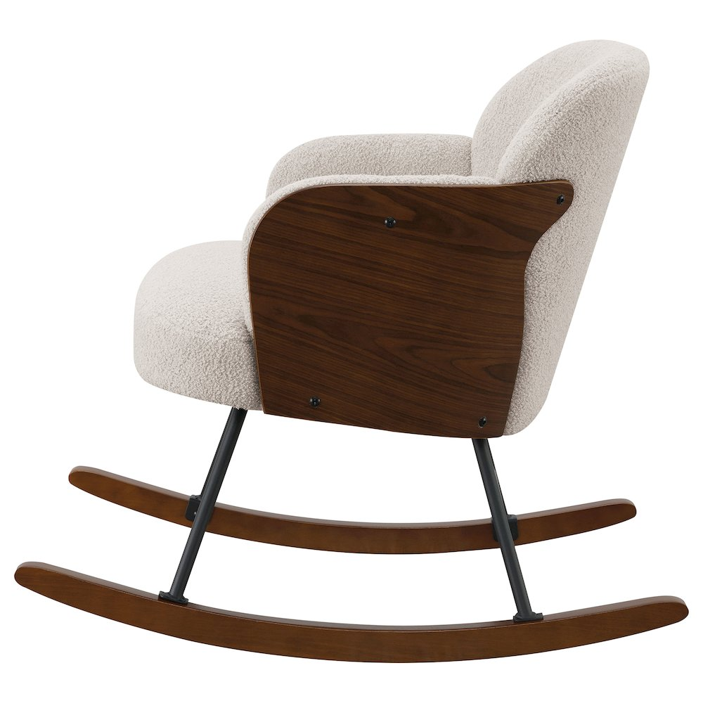 Beige Paige Boucle upholstered mid-back rocking chair with wooden base and armrests, designed for comfortable seating and stylish decor.
