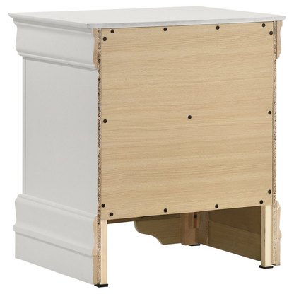 Louis Philippe white 2-drawer nightstand bedside table with sleek design and modern hardware for bedroom storage.
