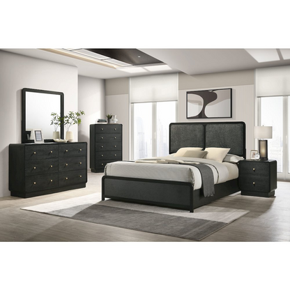 Start2Finish Cavelle 51-inch black upholstered queen bed with padded headboard and sleek frame, shown in a modern bedroom setting.