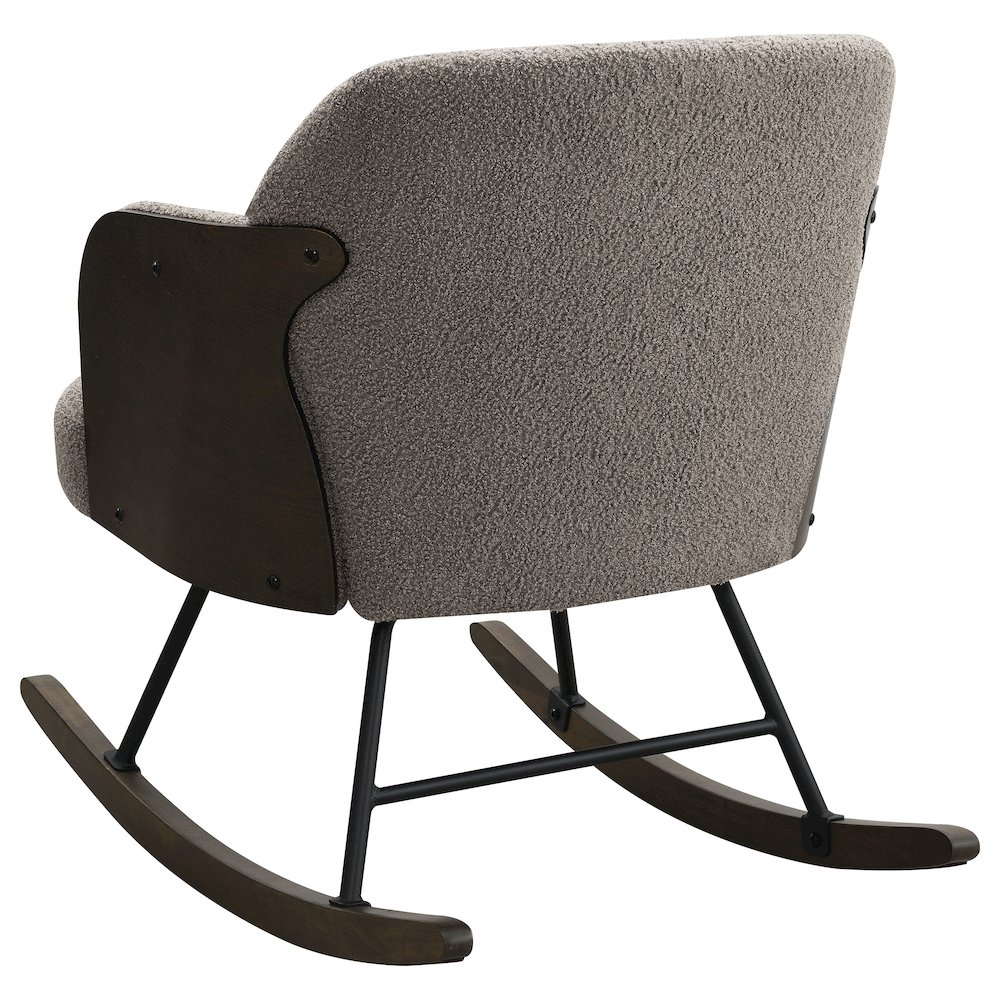 Taupe Paige Boucle upholstered mid-back rocking chair by Start2Finish with plush fabric and wooden rocking base.