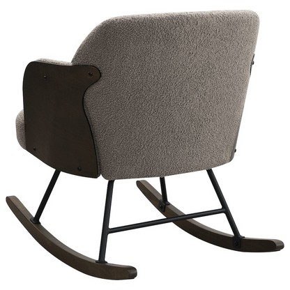 Taupe Paige Boucle upholstered mid-back rocking chair by Start2Finish with plush fabric and wooden rocking base.
