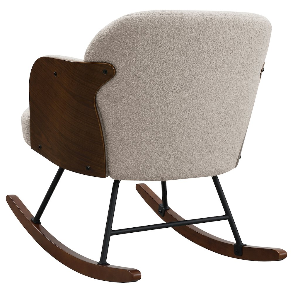 Beige Paige Boucle upholstered mid-back rocking chair by Start2Finish with plush fabric and wooden rocking base.