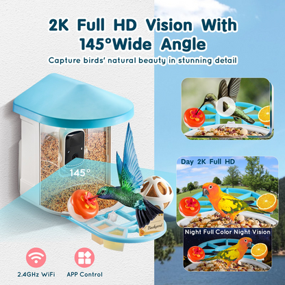 Start2Finish VEVOR smart bird feeder with camera showing green outdoor feed station, 2K HD camera, and bird watching features.