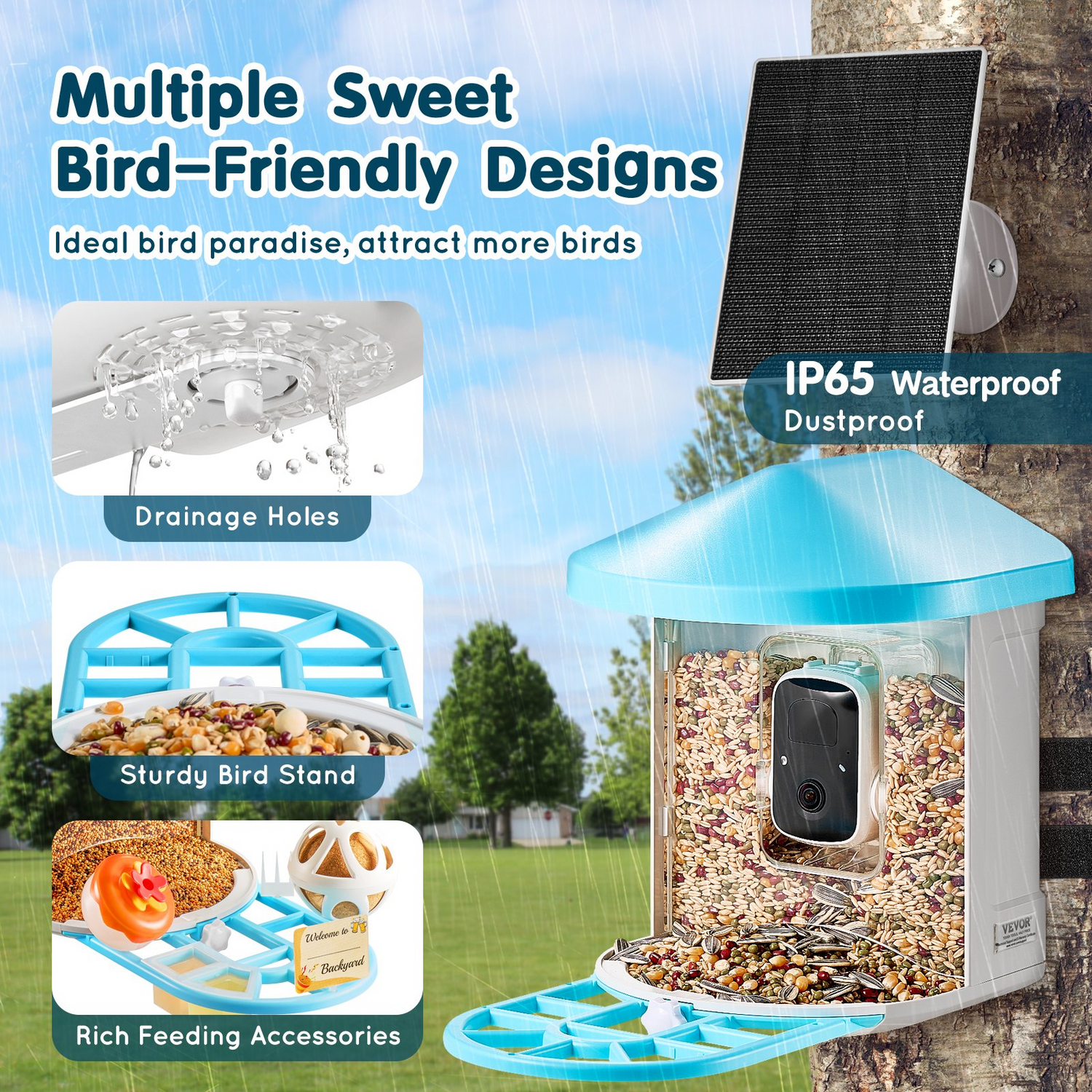 Start2Finish VEVOR Smart Bird Feeder with 2K HD camera, solar-powered, AI bird identification, auto capture, and wireless outdoor design.