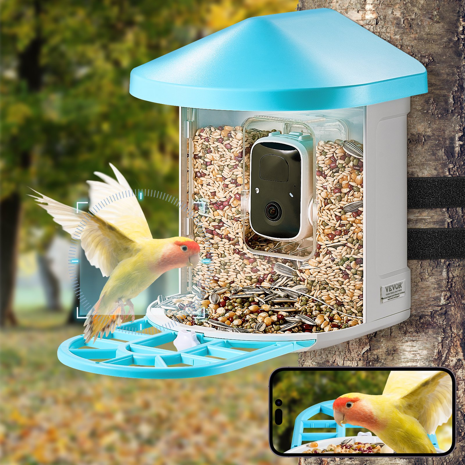 Start2Finish VEVOR Smart Bird Feeder with 2K HD camera, solar power, and AI bird recognition in green, outdoor wireless bird watching device.