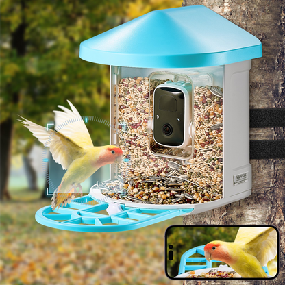 Start2Finish VEVOR Smart Bird Feeder with 2K HD camera, solar power, and AI bird recognition in green, outdoor wireless bird watching device.