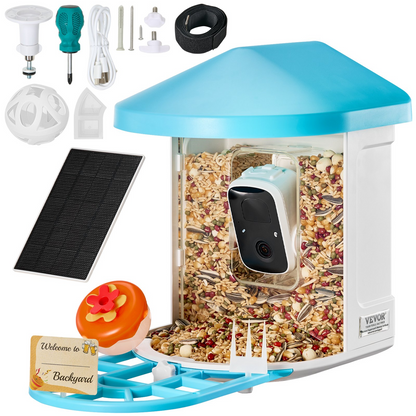 Start2Finish VEVOR Smart Bird Feeder with camera, solar-powered, 2K HD, AI bird identification, outdoor wireless bird watching device