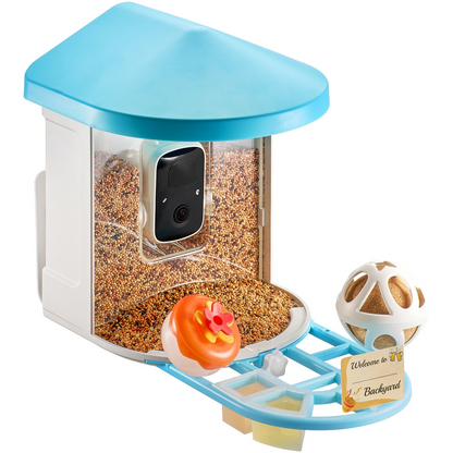 Start2Finish VEVOR smart bird feeder with 2K HD camera, solar power, AI bird identification, auto capture, and wireless outdoor use.