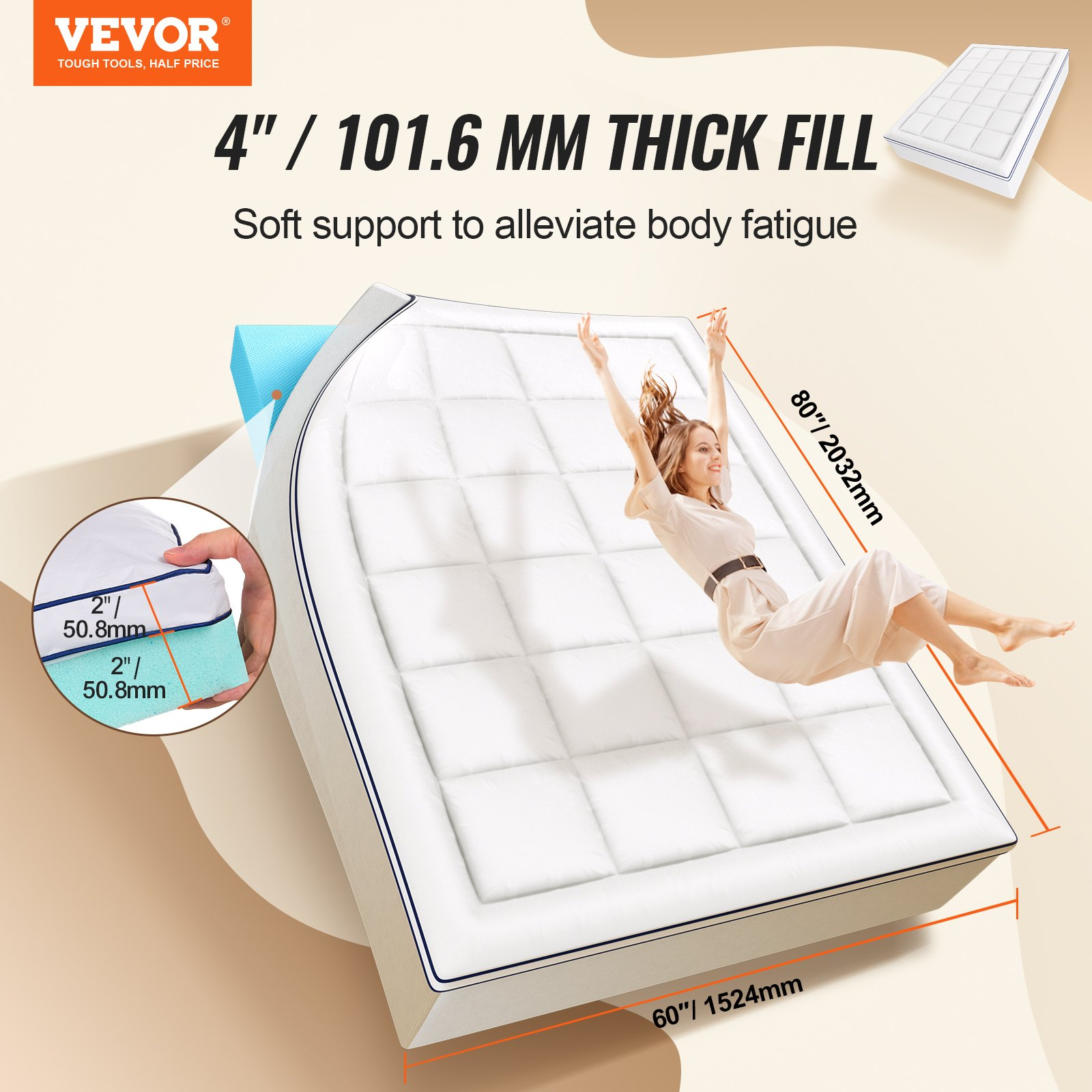 Start2Finish VEVOR queen-sized memory foam mattress topper with fiber fill, 4-inch thickness, breathable and pressure-relieving design.