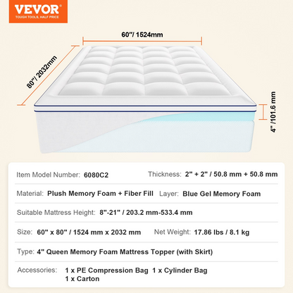 Start2Finish VEVOR queen size mattress topper with memory foam and fiber fill, featuring a detachable, washable cover and ergonomic design.